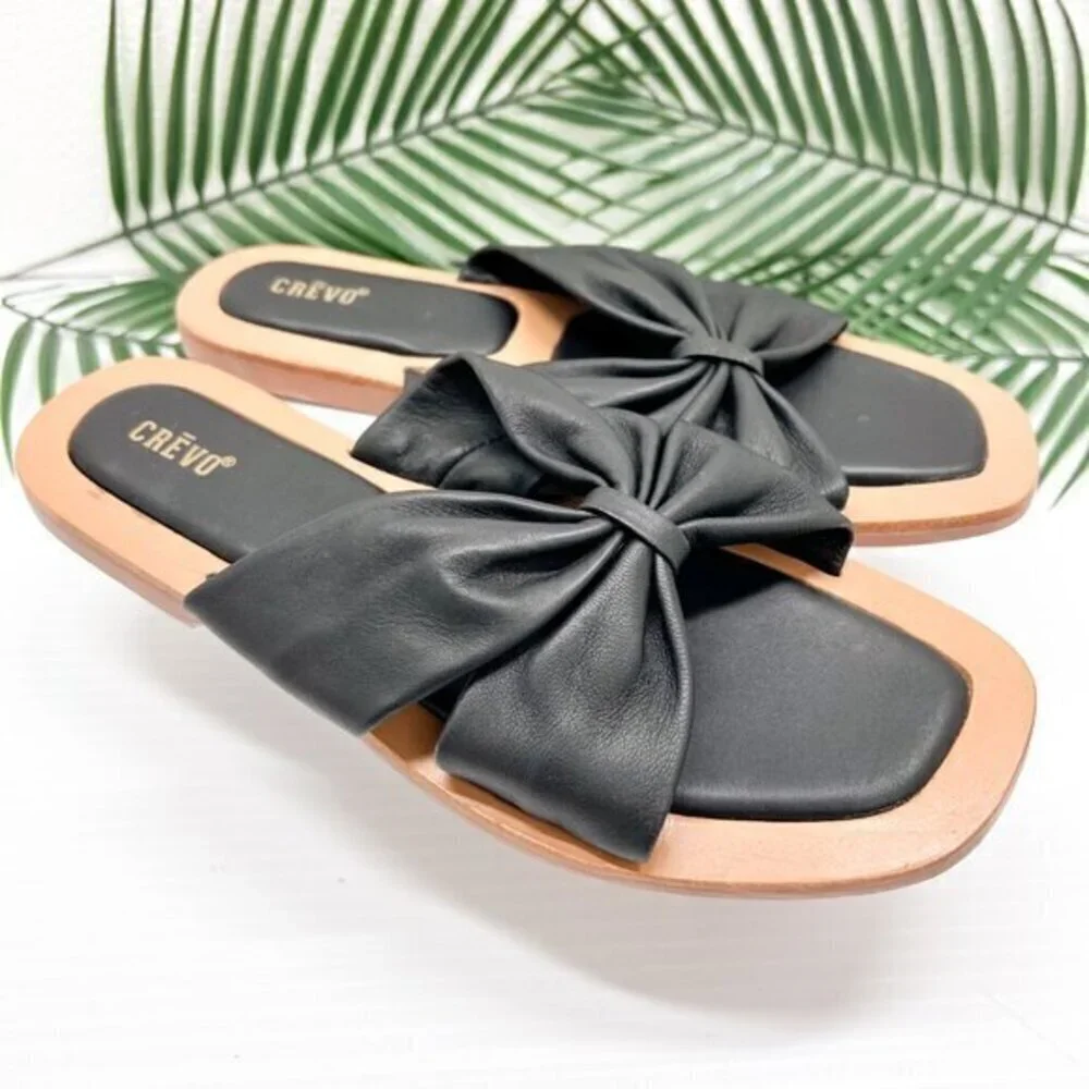 CREVO Kitty Bow Leather Slide Sandal Size 6 Black Square Open Toe Flats